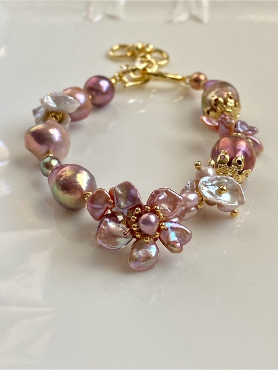 Pearl Jewelry - B180-Handmade High Quality Flower Pearl And Metallic Avocado Pearl Bracelet
